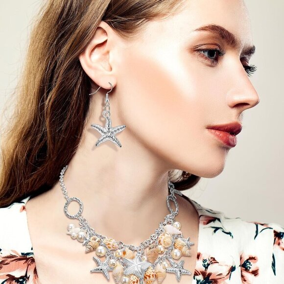 Mermaid Jewelry Set Resin Rhinestone Starfish Necklace Bracelets Earrings main image 2